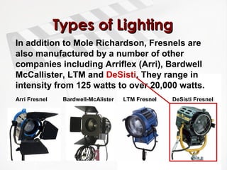TTyyppeess ooff LLiigghhttiinngg 
In addition to Mole Richardson, Fresnels are 
also manufactured by a number of other 
companies including Arriflex (Arri), Bardwell 
McCallister, LTM and DeSisti. They range in 
intensity from 125 watts to over 20,000 watts. 
Arri Fresnel Bardwell-McAlister LTM Fresnel DeSisti Fresnel 
 