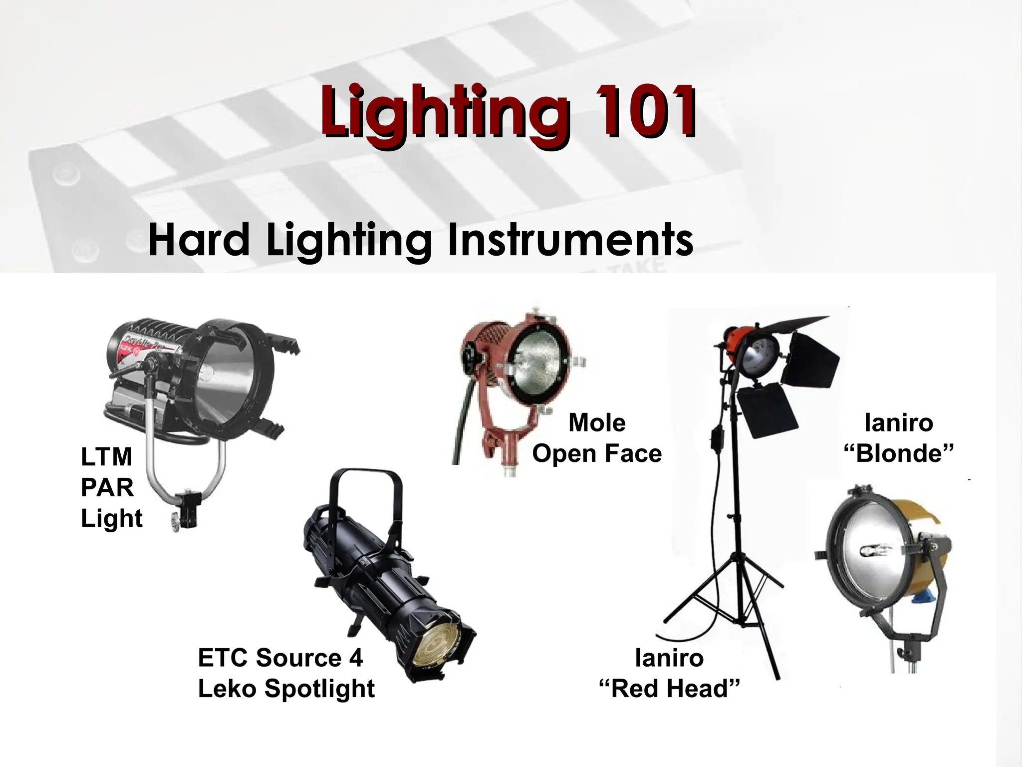 Hard Lighting Instruments
Lighting 101
Lighting 101
LTM
PAR
Light
Ianiro
“Red Head”
ETC Source 4
Leko Spotlight
Mole
Open Face
Ianiro
“Blonde”
 