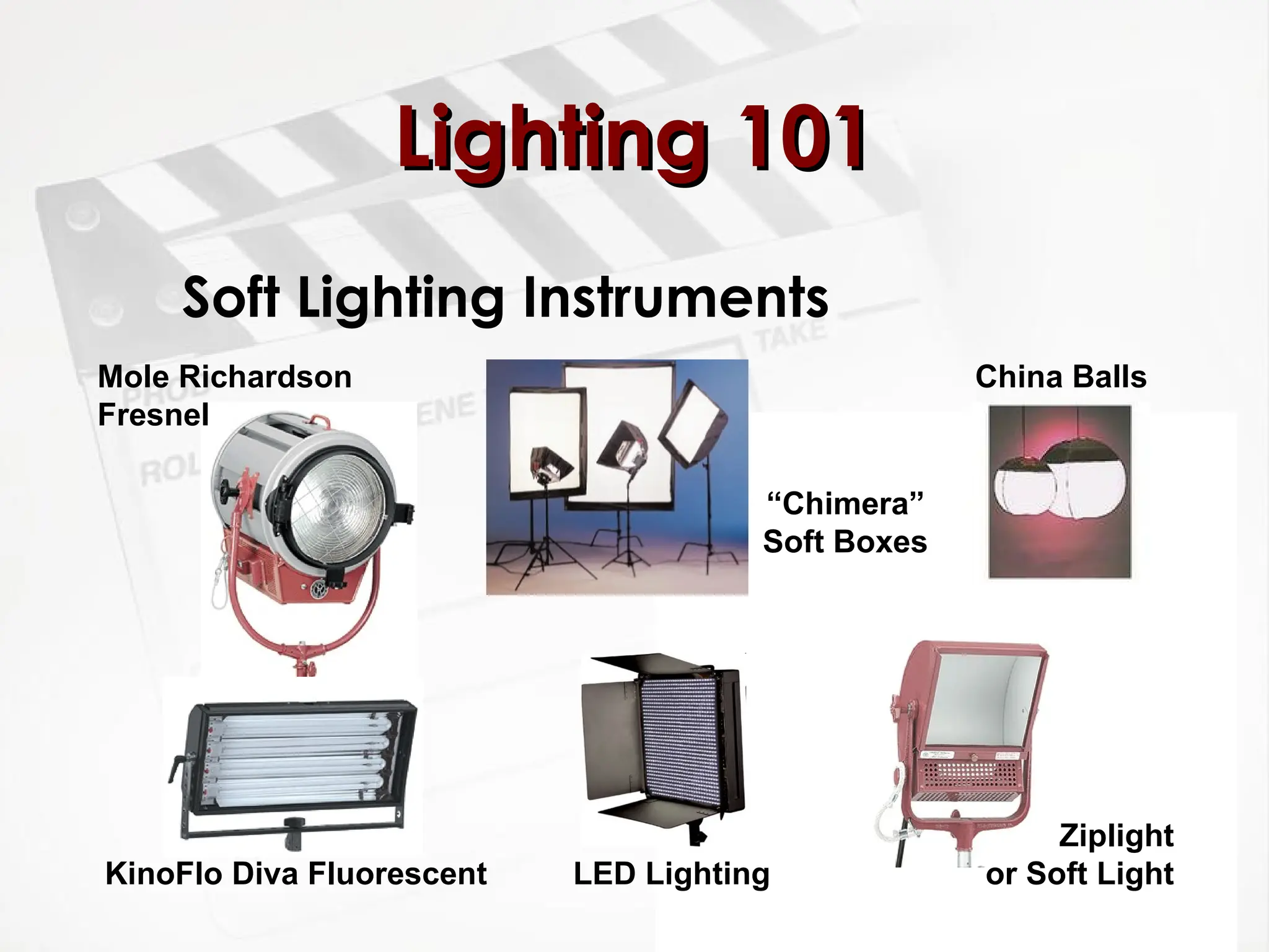 Soft Lighting Instruments
Lighting 101
Lighting 101
China Balls
“Chimera”
Soft Boxes
Mole Richardson
Fresnel
LED Lighting
Ziplight
or Soft Light
KinoFlo Diva Fluorescent
 