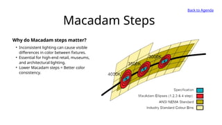 Back to Agenda
• Inconsistent lighting can cause visible
differences in color between fixtures.
• Essential for high-end retail, museums,
and architectural lighting.
• Lower Macadam steps = Better color
consistency.
Why do Macadam steps matter?
Macadam Steps
 