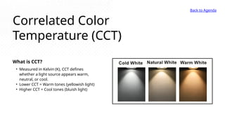 Correlated Color
Temperature (CCT)
• Measured in Kelvin (K), CCT defines
whether a light source appears warm,
neutral, or cool.
• Lower CCT = Warm tones (yellowish light)
• Higher CCT = Cool tones (bluish light)
What is CCT?
Back to Agenda
 