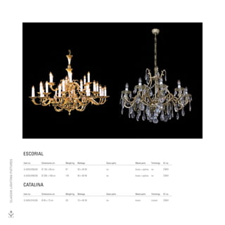 ESCORIAL
CLASSIK LIGHTING FIXTURES




                            Item no.        Dimensions cm    Weight kg   Wattage     Glass parts   Metal parts      Trimmings   EC no.

                            A 5035/030/00   Ø 130 × 95 cm    97          30 × 40 W   no            brass + patina   no          CW01

                            A 5035/040/00   Ø 200 × 160 cm   145         40 × 40 W   no            brass + patina   no          CW01


                            CATALINA
                            Item no.        Dimensions cm    Weight kg   Wattage     Glass parts   Metal parts      Trimmings   EC no.

                            A 5042/010/00   Ø 85 × 72 cm     39          10 × 40 W   no            brass            crystal     CW01
 