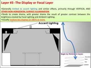 Layer #3 -The Display or Focal Layer
•Generally limited to accent lighting and similar effects, primarily through VERTICAL AND
OTHER NON-HORIZONTAL SURFACE ILLUMINATION.
•Tends to create drama, with greater drama the result of greater contrast between the
brightness created by Focal Lighting and Ambient Lighting.
•Usually involves key displays at 100 fc or more.
Lighting systems and their design 62
 