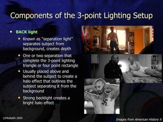 Components of the 3-point Lighting Setup BACK light Known as “separation light” separates subject from background, creates depth One or two separation that complete the 3-point lighting triangle or four point rectangle Usually placed above and behind the subject to create a halo effect that outlines the subject separating it from the background Strong backlight creates a bright halo effect ©MediaKit 2004 Images from American History X 