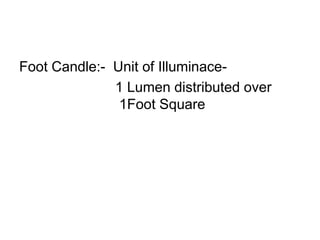 Foot Candle:- Unit of Illuminace-
1 Lumen distributed over
1Foot Square
 