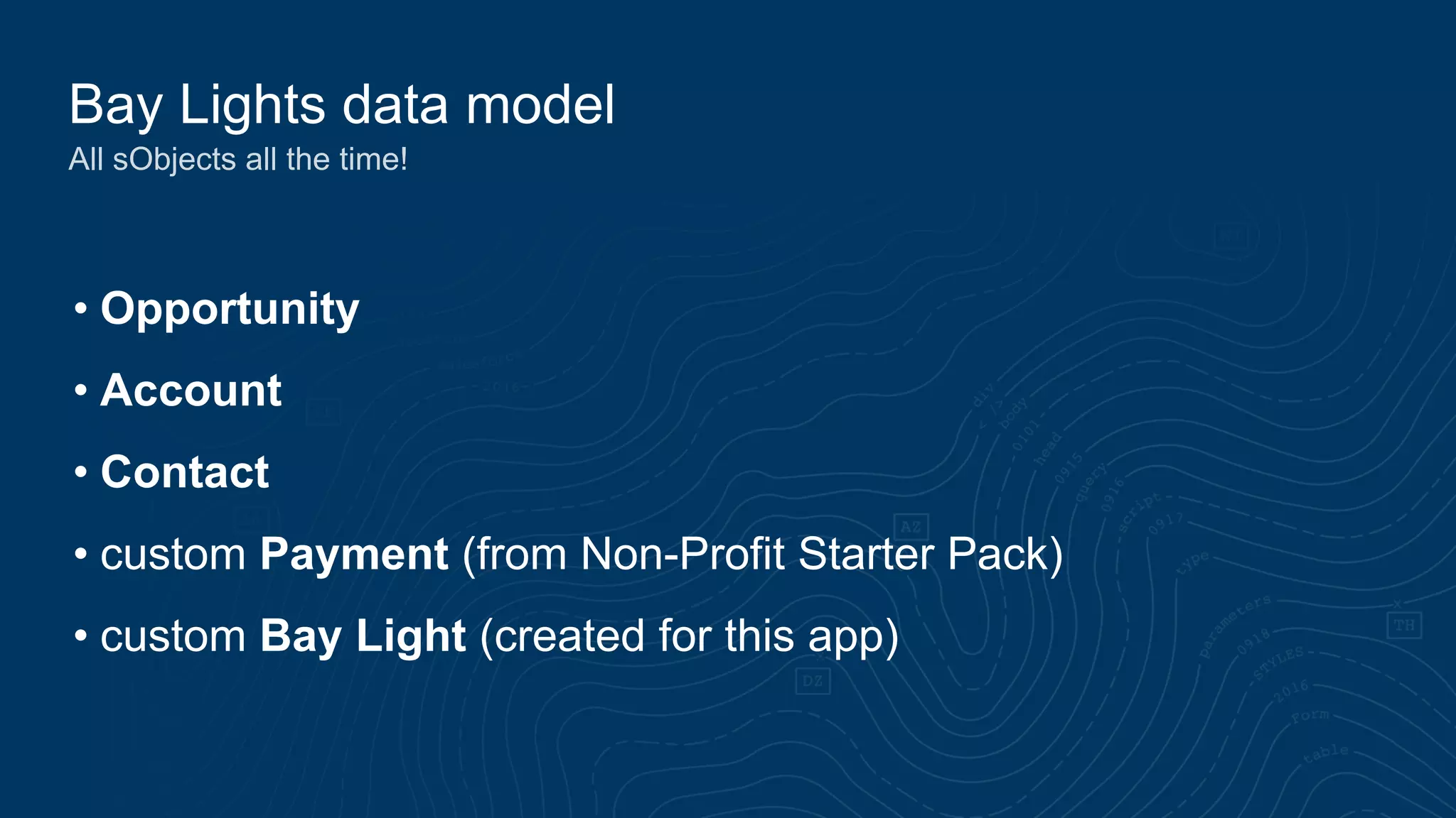 Bay Lights data model
All sObjects all the time!
• Opportunity
• Account
• Contact
• custom Payment (from Non-Profit Starter Pack)
• custom Bay Light (created for this app)
 