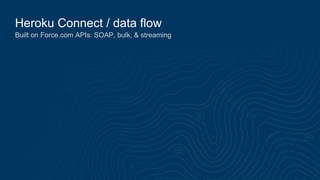Heroku Connect / data flow
Built on Force.com APIs: SOAP, bulk, & streaming
 