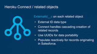 Heroku Connect / related objects
ExternalId__c on each related object
• External ID data type
• Connect handles cascading creation of
related records
• Use UUIDs for data portability
• Populate reactively for records originating
in Salesforce.
 