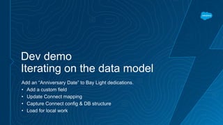 Dev demo
Iterating on the data model
Add an “Anniversary Date” to Bay Light dedications.
• Add a custom field
• Update Connect mapping
• Capture Connect config & DB structure
• Load for local work
 