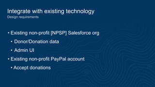 Integrate with existing technology
Design requirements
• Existing non-profit [NPSP] Salesforce org
• Donor/Donation data
• Admin UI
• Existing non-profit PayPal account
• Accept donations
 