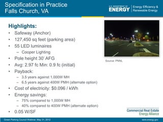 Green Parking Council Webinar, May 31, 2012 eere.energy.gov
Specification in Practice
Falls Church, VA
Highlights:
• Safeway (Anchor)
• 127,450 sq feet (parking area)
• 55 LED luminaires
– Cooper Lighting
• Pole height 30’ AFG
• Avg: 2.97 fc Min: 0.9 fc (initial)
• Payback:
– 3.5 years against 1,000W MH
– 6.5 years against 400W PMH (alternate option)
• Cost of electricity: $0.096 / kWh
• Energy savings:
– 75% compared to 1,000W MH
– 40% compared to 400W PMH (alternate option)
• 0.05 W/SF
Source: PNNL
 