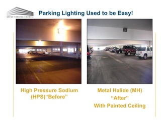 Parking Lighting Used to be Easy!
High Pressure Sodium
(HPS)“Before”
Metal Halide (MH)
“After”
With Painted Ceiling
 