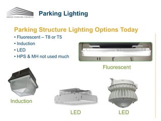 Parking Structure Lighting Options Today
• Fluorescent – T8 or T5
• Induction
• LED
• HPS & MH not used much
Parking Lighting
Induction
LED
Fluorescent
LED
 