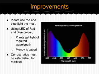 ● Plants use red and
blue light the most.
● Using LED of Red
and Blue colour,
○ Plants get light of
required
wavelength
○ Money is saved
● Correct ratios must
be established for
red:blue
Improvements
 