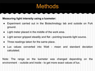 Measuring light intensity using a luxmeter:
● Experiment carried out in the Biotechnology lab and outside on FoA
ground.
● Light meter placed in the middle of the work area.
● Light sensor gripped steadily and flat - pointing towards light source.
● Three readings taken for the same place.
● Lux values converted into Watt - mean and standard deviation
calculated.
Note: The range on the luxmeter was changed depending on the
environment - outside and inside - to get more exact values of lux.
Methods
 