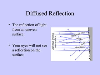 Diffused Reflection
• The reflection of light
from an uneven
surface.
• Your eyes will not see
a reflection on the
surface

 