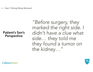 Case 1: Wrong Kidney Removed




                                “Before surgery, they
                                marked the right side. I
Patient’s Son’s
 Perspective
                                didn’t have a clue what
                                side… they told me
                                they found a tumor on
                                the kidney…”
 