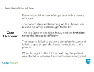 Case 2: Death of Infant with Apnea



                    Eleven-day-old female infant patient with a history
                    of apnea

                    The patient stopped breathing while at home, was
                    revived by family, and brought to the ER

  Case              This is a Spanish-speaking family and the firefighter
Overview            noted the language difficulty

                    The hospital failed to obtain a complete history and
                    failed to give proper discharge instructions to the
                    parents

                    When brought to the ER the next day, the patient
                    was placed in Intensive Care and subsequently died
 