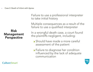 Case 2: Death of Infant with Apnea



                              Failure to use a professional interpreter
                              to take initial history
                              Multiple consequences as a result of the
                              failure to use a qualified interpreter
   Risk
                              In a wrongful death case, a court found
Management                    the plaintiffs negligent, including:
Perspective
                                 " Should have made a more careful
                                     assessment of the patient

                                 " Failure to diagnose her condition
                                     influenced by the lack of adequate
                                     communication
 