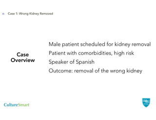 Case 1: Wrong Kidney Removed




                         Male patient scheduled for kidney removal
   Case                  Patient with comorbidities, high risk
 Overview                Speaker of Spanish
                         Outcome: removal of the wrong kidney!
 