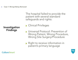 Case 1: Wrong Kidney Removed



                           The hospital failed to provide the
                           patient with several standard
                           safeguards and rights:

Investigation
                          " Clinical Privileges
  Findings
                          " Universal Protocol: Prevention of
                               Wrong Patient, Wrong Procedure,
                               Wrong Site Surgery/Procedure

                          " Right to receive information in
                               patient’s primary language
 