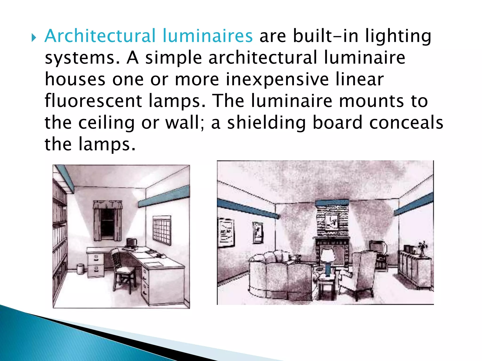  Architectural luminaires are built-in lighting
systems. A simple architectural luminaire
houses one or more inexpensive linear
fluorescent lamps. The luminaire mounts to
the ceiling or wall; a shielding board conceals
the lamps.
 