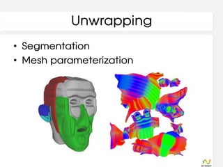 Unwrapping
• Segmentation
• Mesh parameterization
 