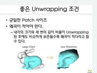 좋은 Unwrapping 조건
• 균일한 Patch 사이즈
• 왜곡이 적어야 한다.
 – 내각의 크기와 세 변의 길이 비율이 Unwrapping
   된 후에도 비슷하게 보존될수록 왜곡이 적다라고 할
   수 있다.
     Large Chart     Low Distortion
 