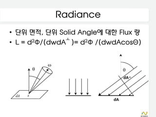 Radiance
• 단위 면적, 단위 Solid Angle에 대한 Flux 량
• L=d2Φ/(dwdAㅗ )= d2Φ /(dwdAcosΘ)




                               dAㅗ




                          dA
 