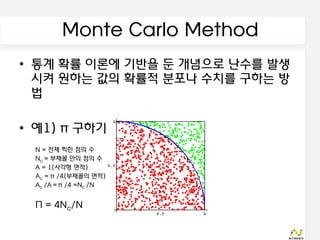 Monte Carlo Method
• 통계 확률 이론에 기반을 둔 개념으로 난수를 발생
  시켜 원하는 값의 확률적 분포나 수치를 구하는 방
  법

• 예1) π 구하기
  N = 전체 찍힌 점의 수
  Nc = 부채꼴 안의 점의 수
  A = 1(사각형 면적)
  Ac = π /4(부채꼴의 면적)
  Ac /A = π /4 =Nc /N


  Π = 4Nc/N
 