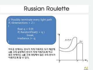 Russian Roulette
// Possibly terminate every light path
if( nIntersections > 2 )
{
         float q = 0.5f;
         if( RandomFloat() > q )
                 break;
         irradiance /= q;
}

어두운 씬에서는 반사가 적게 이뤄져도 되기 때문에
q를 크게 설정해서 반사가 적게 이뤄지도록 하고
밝은 씬에서는 q를 크게 셋팅해서 많은 수의 반사가
이뤄지도록 할 수 있다.
 