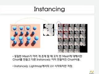 Instancing




• 동일한 Mesh가 여러 개 존재 할 때 오직 한 Mesh에 대해서만
Chart를 만들고 다른 Instance는 이미 만들어진 Chart사용.

• Instance는 Lightmap에서의 UV 시작위치만 저장.
 