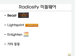 Radiosity 미들웨어
• Beast

• Lightsprint

• Enlighten

• 기타 등등
 