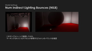 World Settings
Num Indirect Lighting Bounces (NILB)
このサンプルシーンで確認してみる。
マーキングされているテクセルが参照するフォトンのバウンスを確認
 