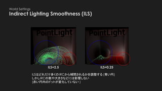 World Settings
Indirect Lighting Smoothness (ILS)
ILS=2.5 ILS=0.25
ILSはどれだけ多くのIRCから補間されるかを調整する (青い円)
しかしIRCの数や大きさなどには影響しない
(赤い円内のドットが変化していない )
 