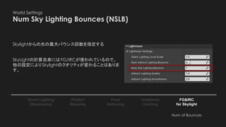 World Settings
Num Sky Lighting Bounces (NSLB)
Photon
Mapping
Final
Gathering
Irradiance
Caching
Direct Lighting
(Shadowing)
FG&IRC
for Skylight
Skylightからの光の最大バウンス回数を指定する
SkyLightの計算自身にはFG/IRCが使われているので、
他の設定によりSkylightのクオリティが変わることはありま
す。
Num of Bounces
 