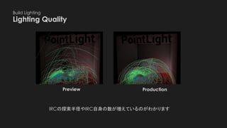 Build Lighting
Lighting Quality　
Preview Production
IRCの探索半径やIRC自身の数が増えているのがわかります
 
