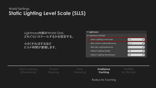 World Settings
Static Lighting Level Scale (SLLS)
Photon
Mapping
Final
Gathering
Irradiance
Caching
Direct Lighting
(Shadowing)
FG&IRC
for Skylight
Lightmass内部のWorld Grid.
どれぐらいスケールするかを設定する。
小さくすればするほど
ビルド時間が激増します。
Radius for Caching
 
