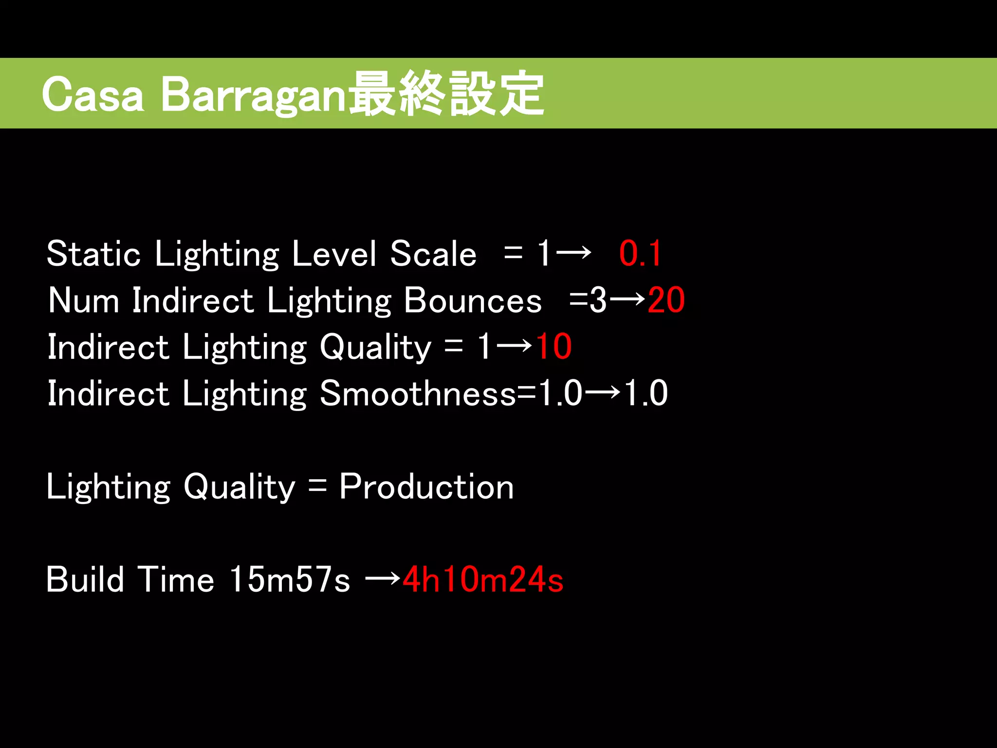 Static Lighting Level Scale = 1→ 0.1
Num Indirect Lighting Bounces =3→20
Indirect Lighting Quality = 1→10
Indirect Lighting Smoothness=1.0→1.0
Lighting Quality = Production
Build Time 15m57s →4h10m24s
Casa Barragan最終設定
 