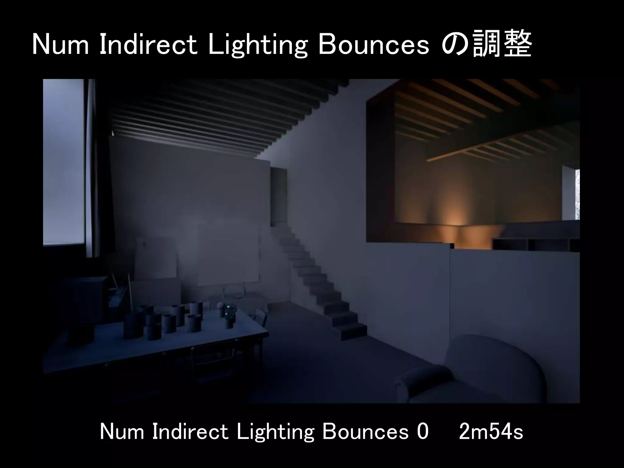 Num Indirect Lighting Bounces の調整
Num Indirect Lighting Bounces 0 2m54s
 