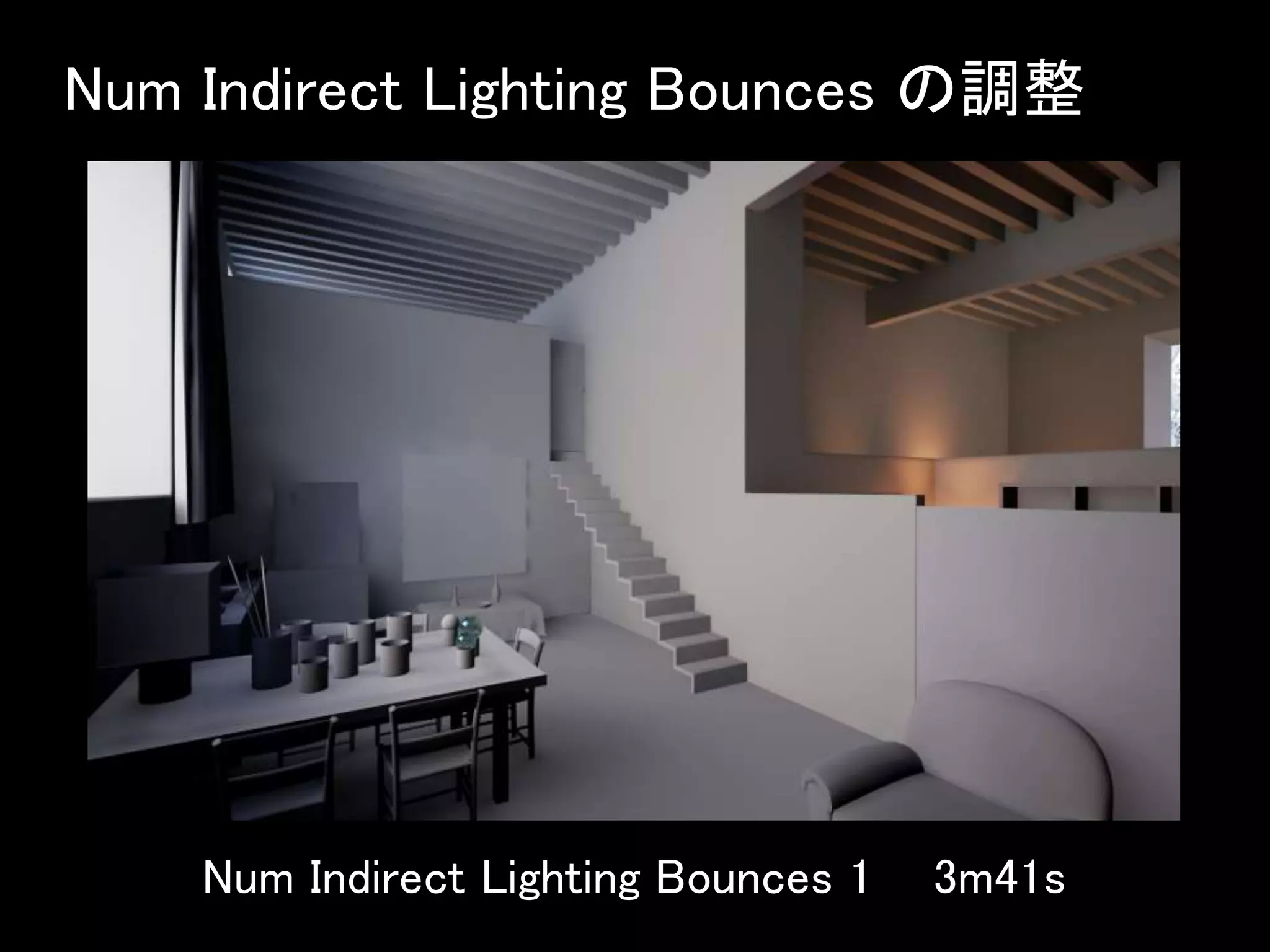 Num Indirect Lighting Bounces の調整
Num Indirect Lighting Bounces 1 3m41s
 