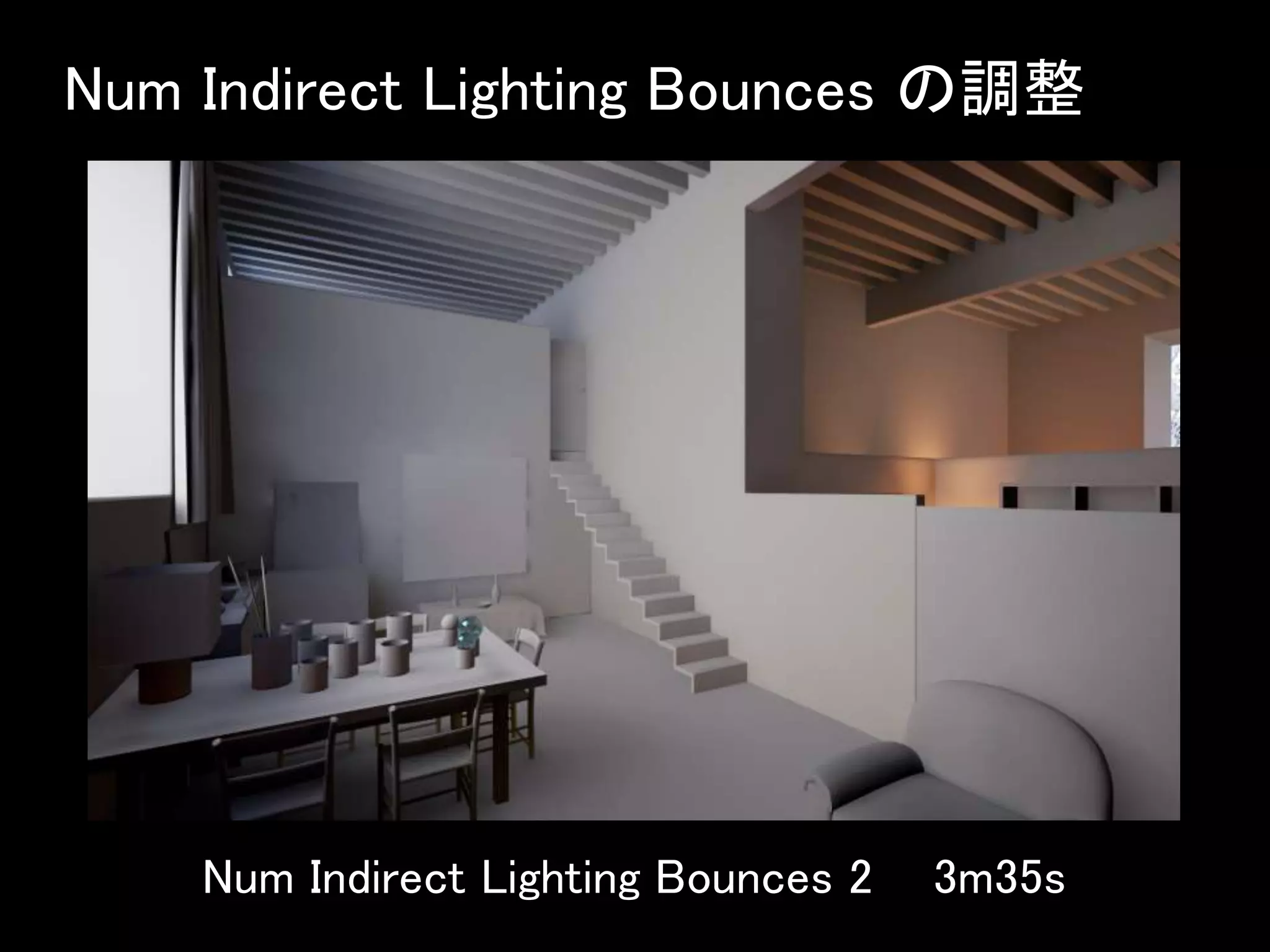 Num Indirect Lighting Bounces の調整
Num Indirect Lighting Bounces 2 3m35s
 