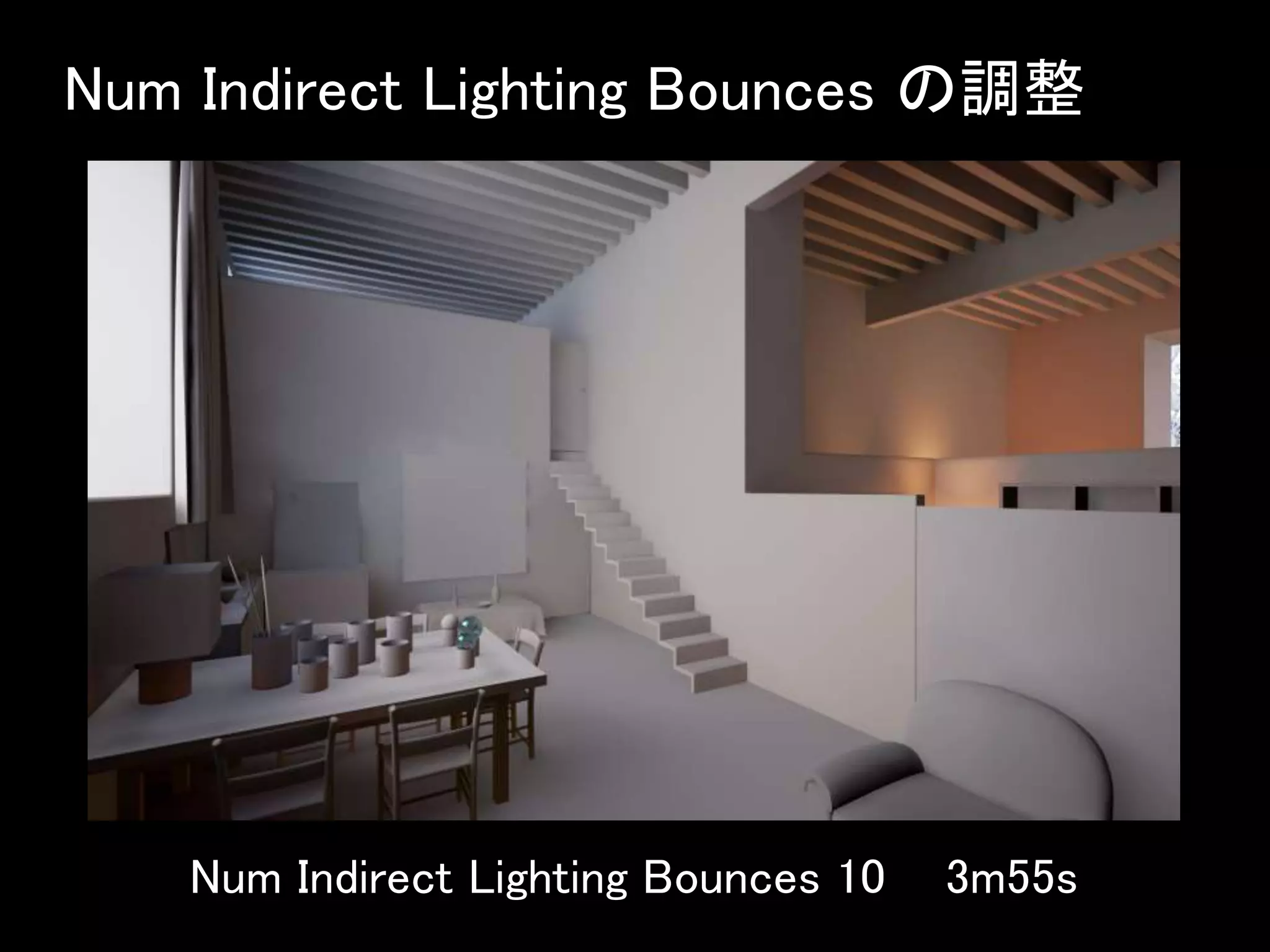 Num Indirect Lighting Bounces の調整
Num Indirect Lighting Bounces 10 3m55s
 