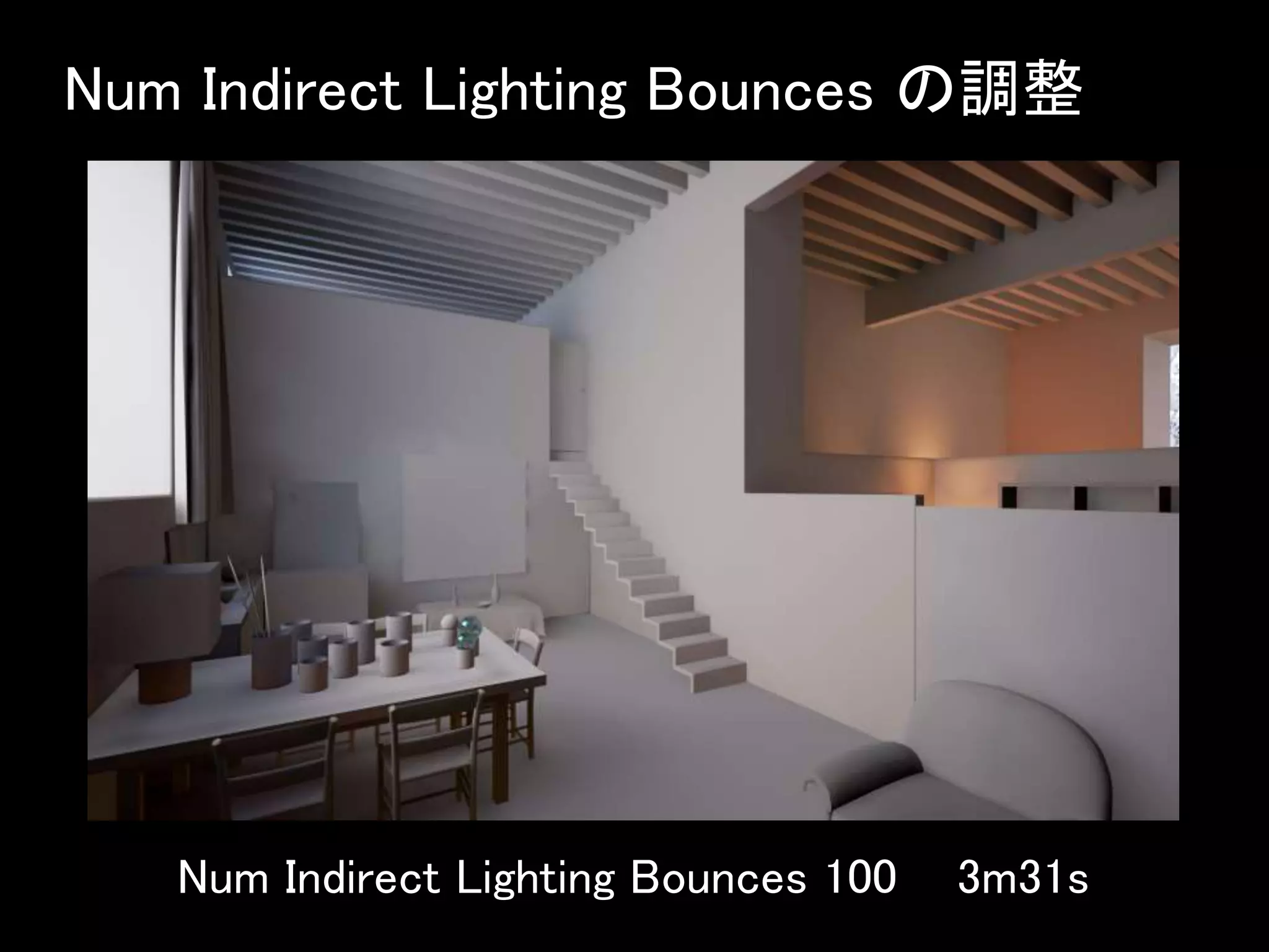 Num Indirect Lighting Bounces の調整
Num Indirect Lighting Bounces 100 3m31s
 