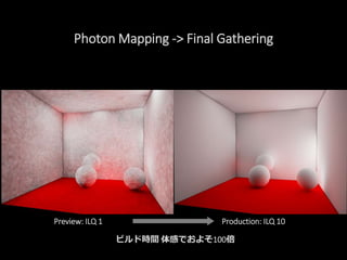 Photon Mapping -> Final Gathering
ビルド時間 体感でおよそ100倍
Production: ILQ 10Preview: ILQ 1
 