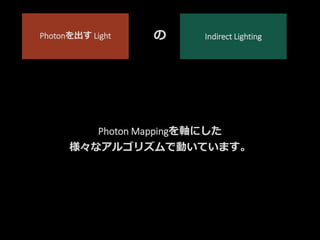 Photon Mappingを軸にした
様々なアルゴリズムで動いています。
Indirect LightingPhotonを出す Light の
 