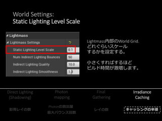 World Settings:
Static Lighting Level Scale
Photon
mapping
Final
Gathering
Irradiance
Caching
Direct Lighting
(Shadowing)
影用レイの数
Photonの放出量
最大バウンス回数
レイの数 キャッシングの半径
Lightmass内部のWorld Grid.
どれぐらいスケール
するかを設定する。
小さくすればするほど
ビルド時間が激増します。
 