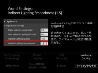 World Settings:
Indirect Lighting Smoothness (ILS)
Irradiance Cachingのキャッシュ半径
を制御する
値を大きくすることで、ビルド時
間は減り、にじみが解消されるが、
逆に、ディティールが減る可能性
がある。
Photon
mapping
Final
Gathering
Irradiance
Caching
Direct Lighting
(Shadowing)
影用レイの数
Photonの放出量
最大バウンス回数
レイの数 キャッシングの半径
 