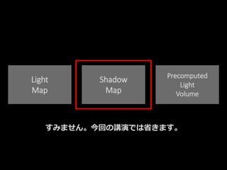 Light
Map
Shadow
Map
Precomputed
Light
Volume
すみません。今回の講演では省きます。
 
