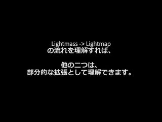 Lightmass -> Lightmap
の流れを理解すれば、
他の二つは、
部分的な拡張として理解できます。
 